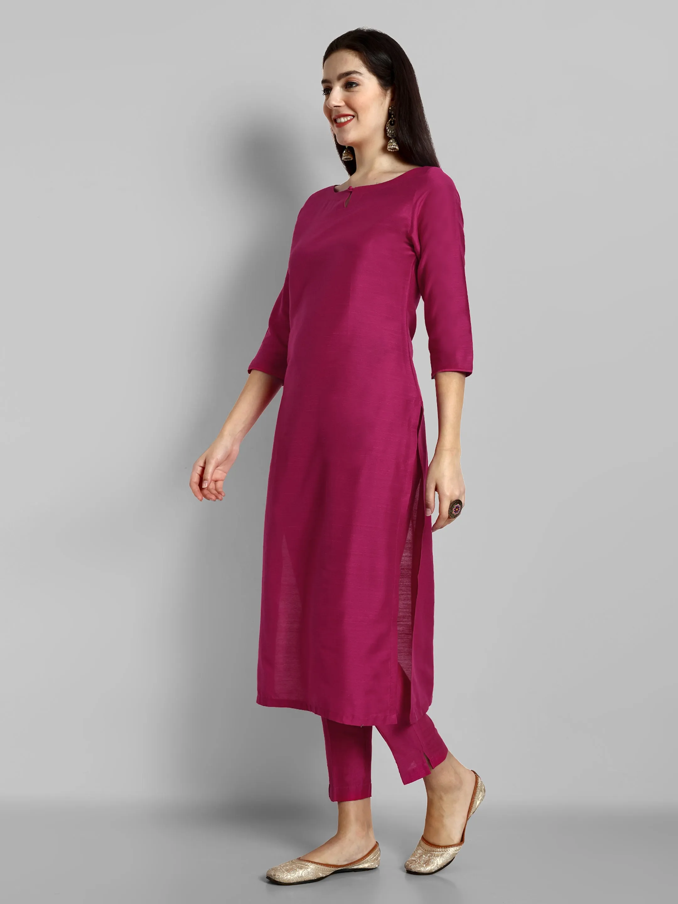 Hot Pink Boat Neck kurta with Elasticated Pant - Set of 2