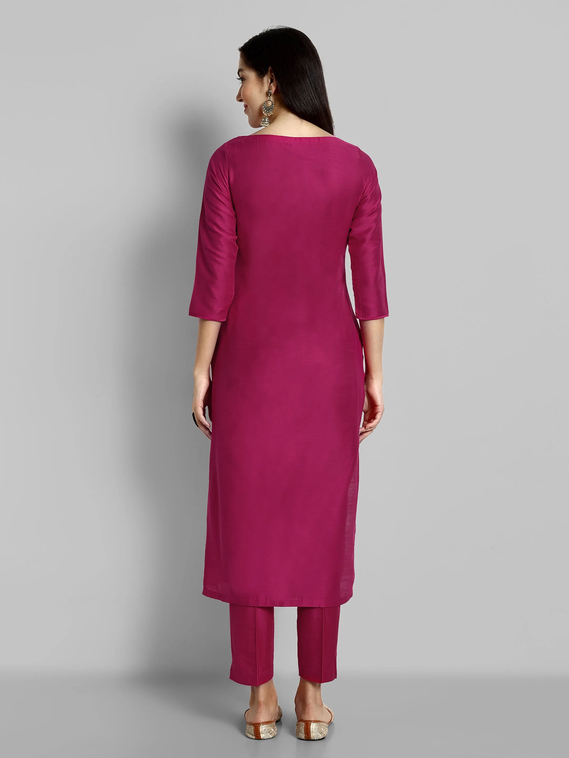 Hot Pink Boat Neck kurta with Elasticated Pant - Set of 2