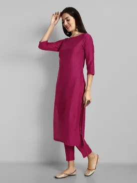 Hot Pink Boat Neck kurta with Elasticated Pant - Set of 2