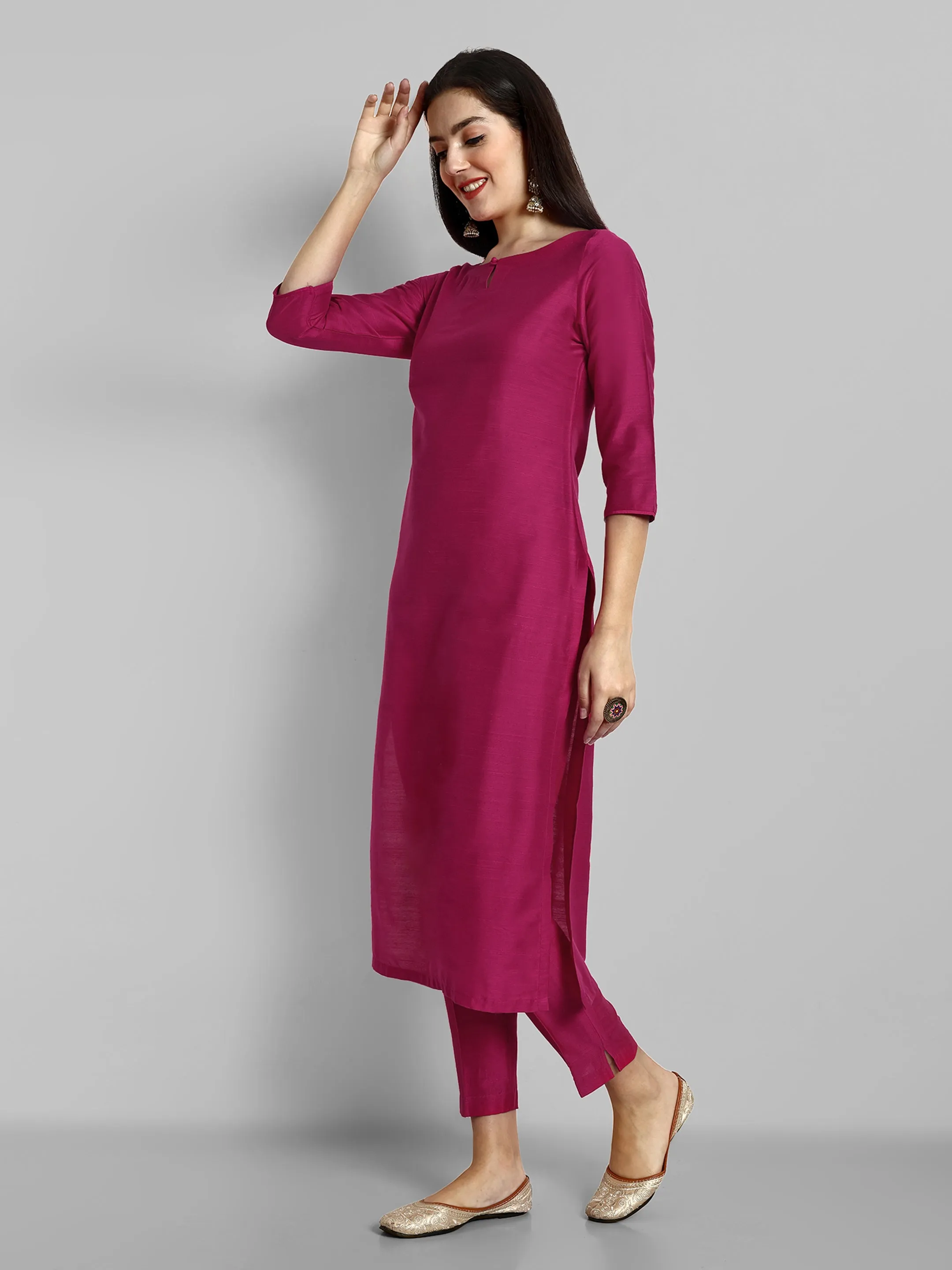 Hot Pink Boat Neck kurta with Elasticated Pant - Set of 2