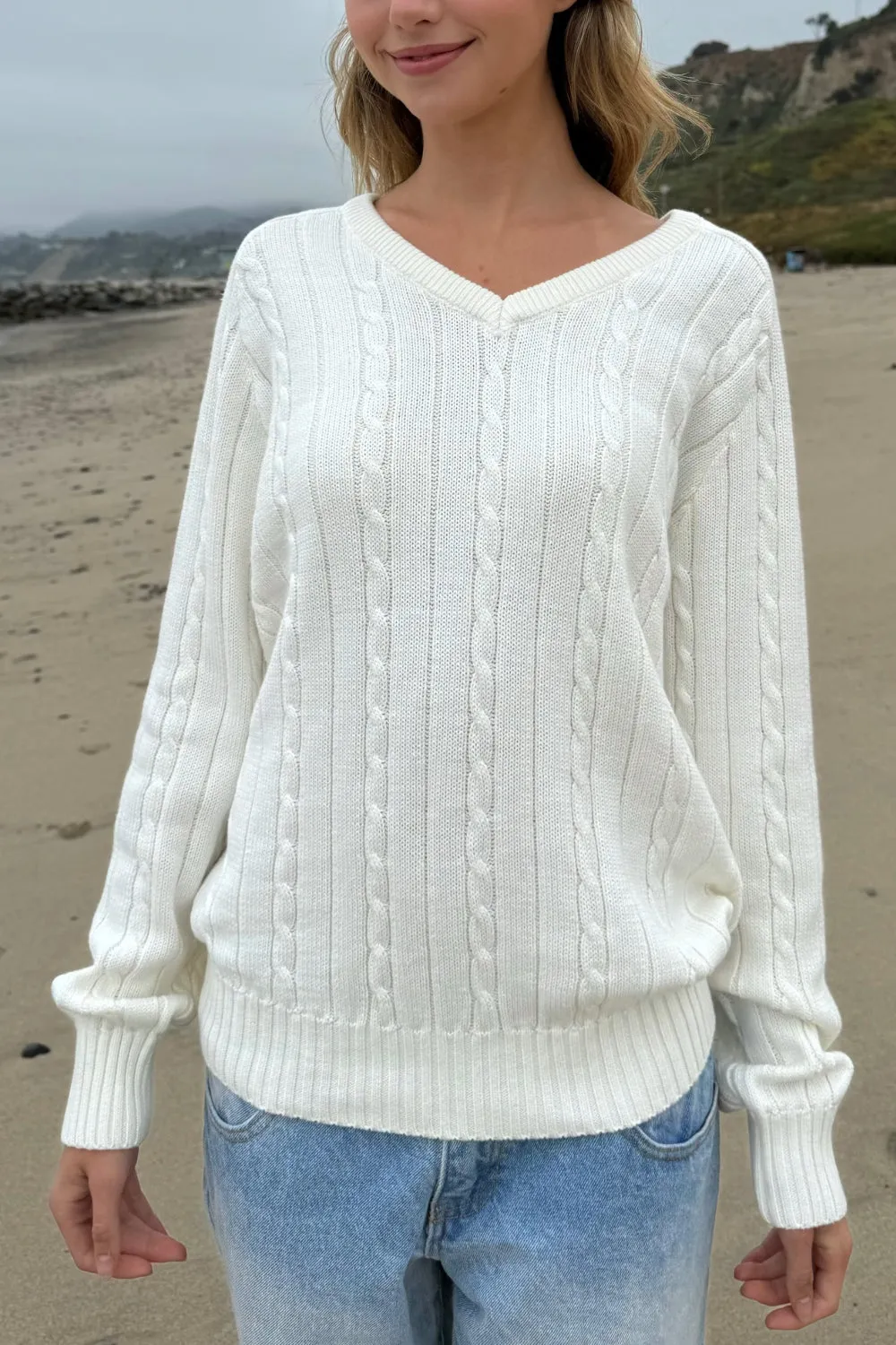 Soft Ida Cotton Cable-Knit V-Neck Sweater