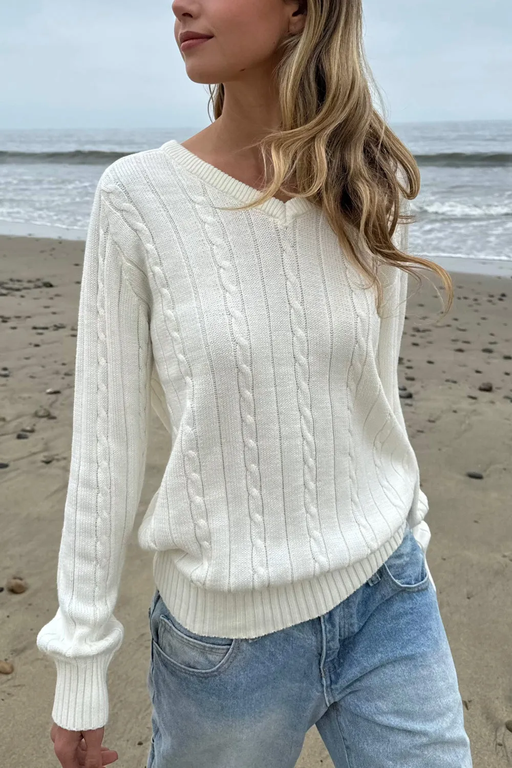 Soft Ida Cotton Cable-Knit V-Neck Sweater