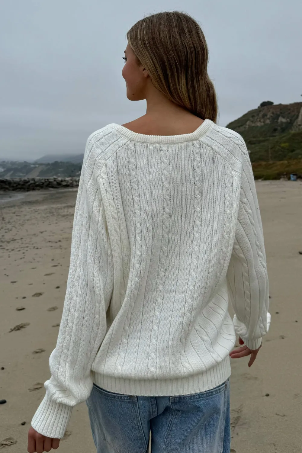 Soft Ida Cotton Cable-Knit V-Neck Sweater