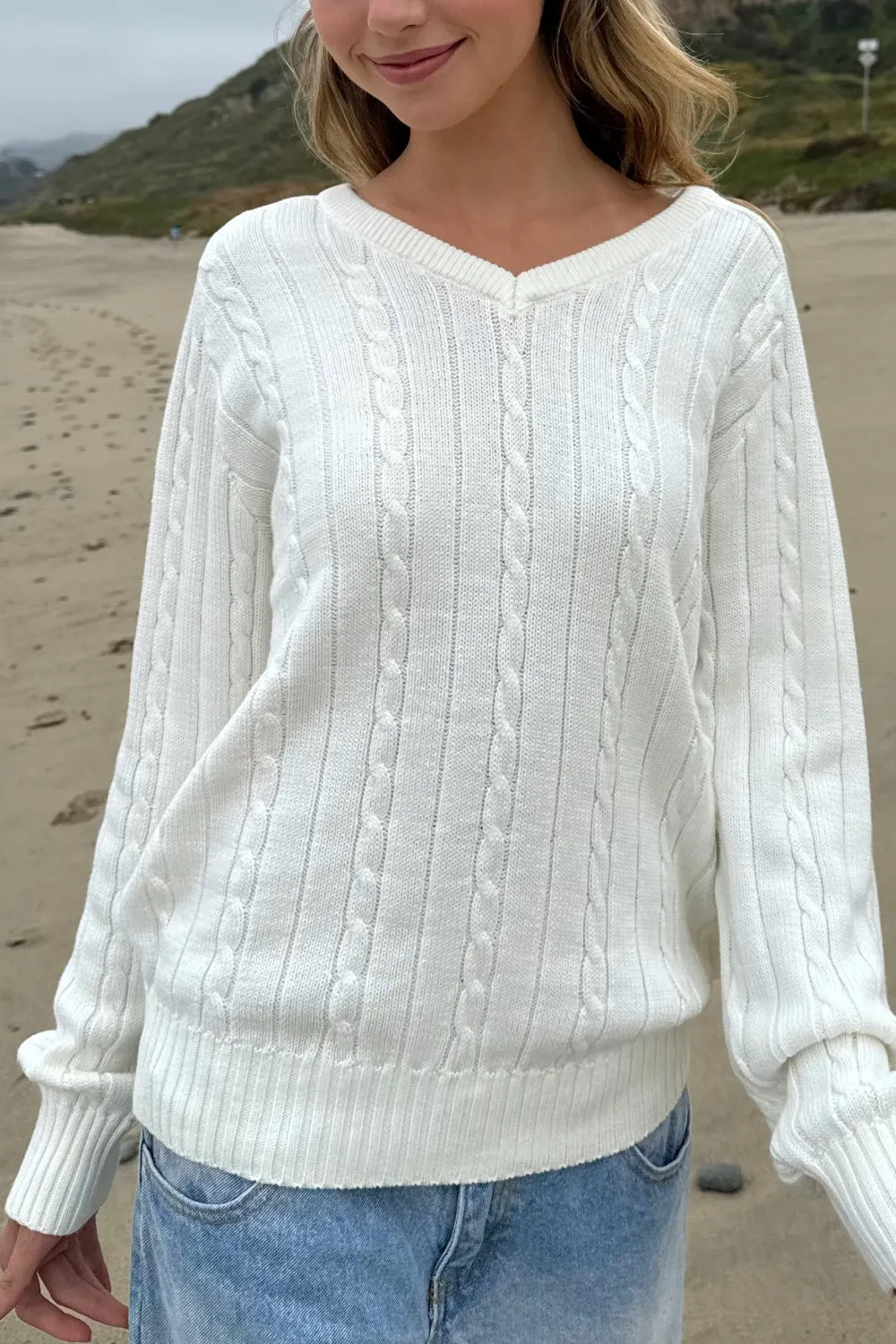 Soft Ida Cotton Cable-Knit V-Neck Sweater