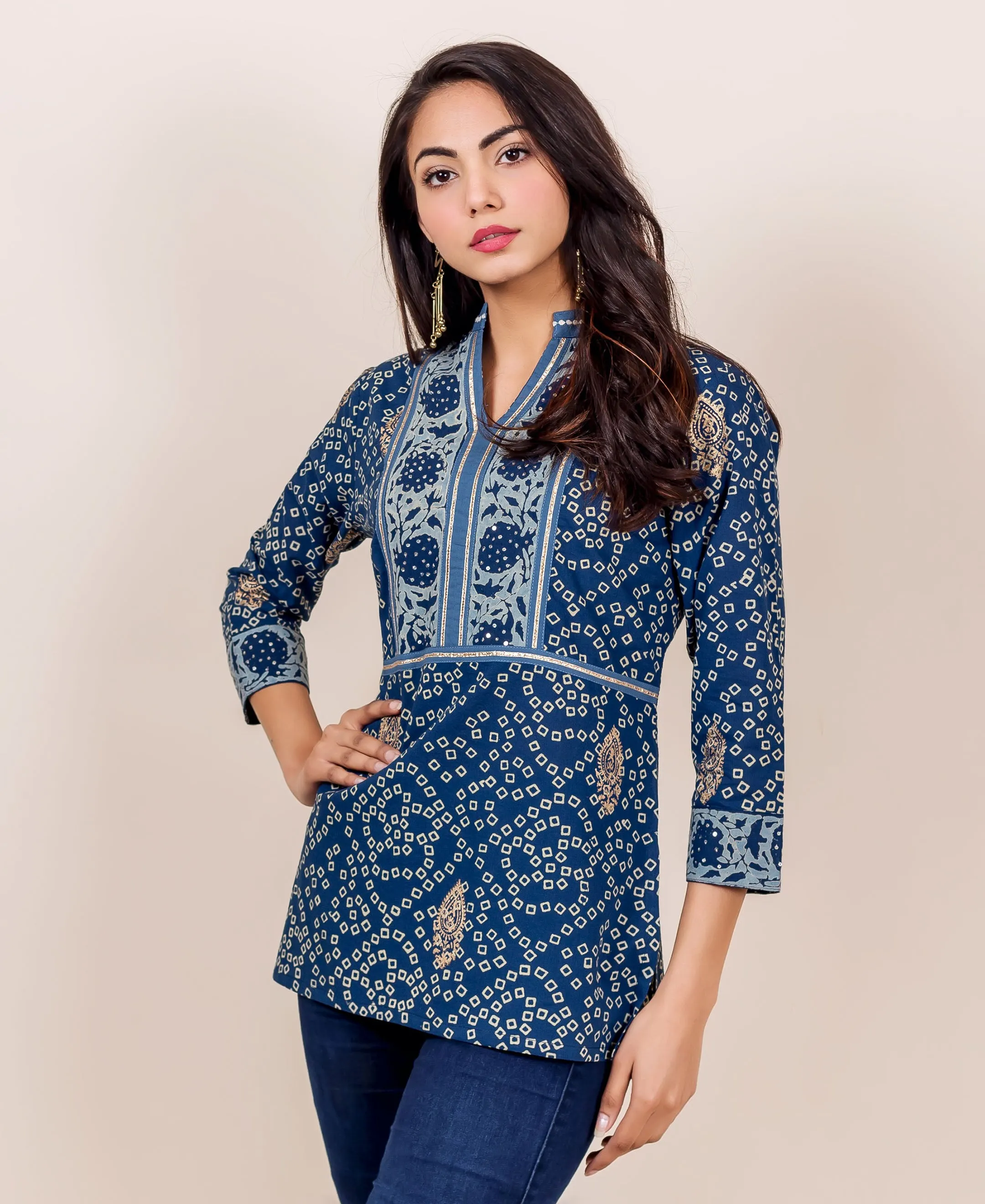 Indigo and Golden Printed Ethnic Top