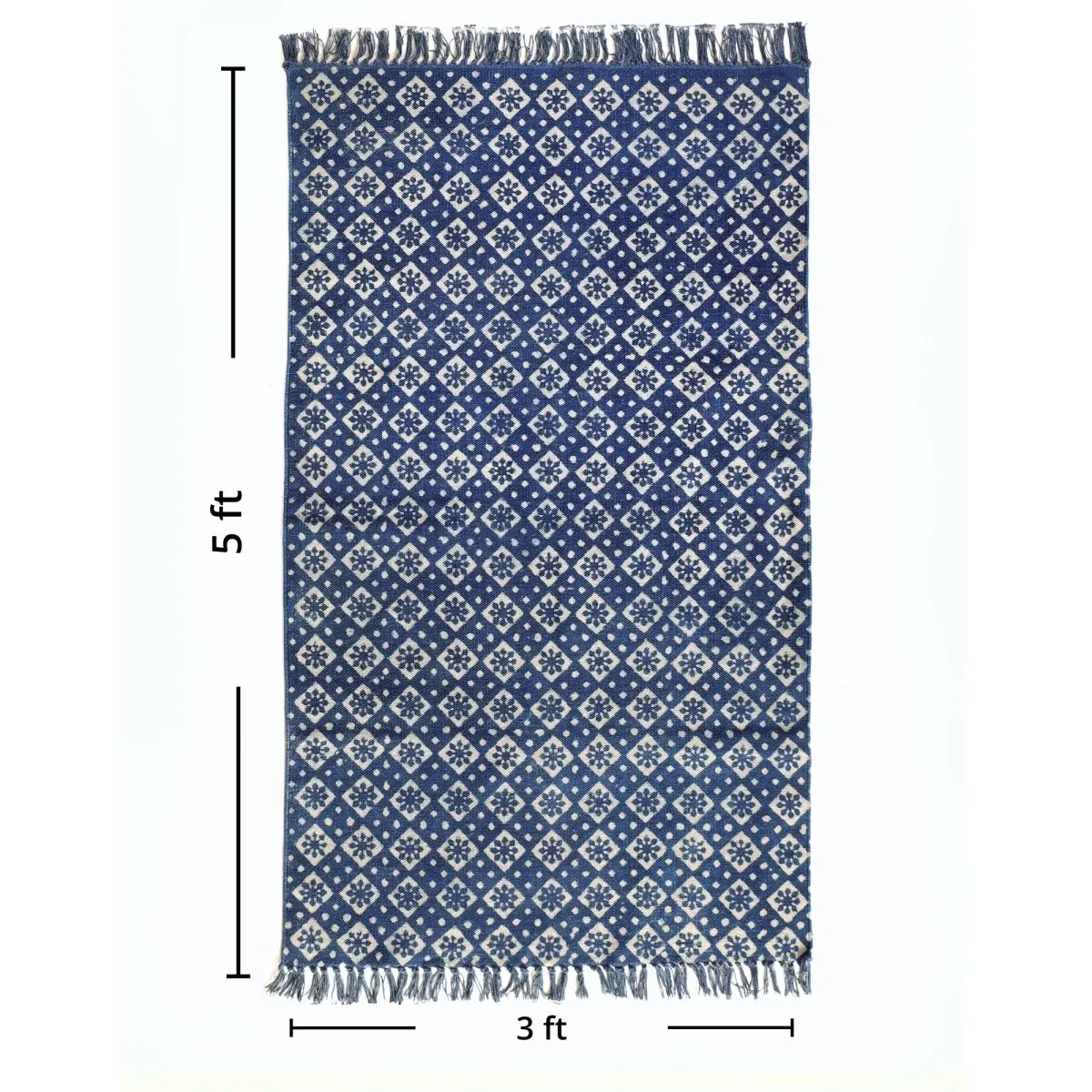 Indigo Cotton Block Printed Rug In 3 x 5 ft | Geometric Print | Handcrafted In India