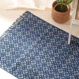 Indigo Cotton Block Printed Rug In 3 x 5 ft | Geometric Print | Handcrafted In India