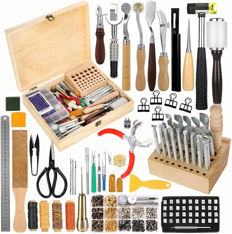 Jupean 424 Pieces Leather Working Tools and Supplies, Leather Craft Kits with Instructions, Leather Sewing Kit, Leather Tool Holder