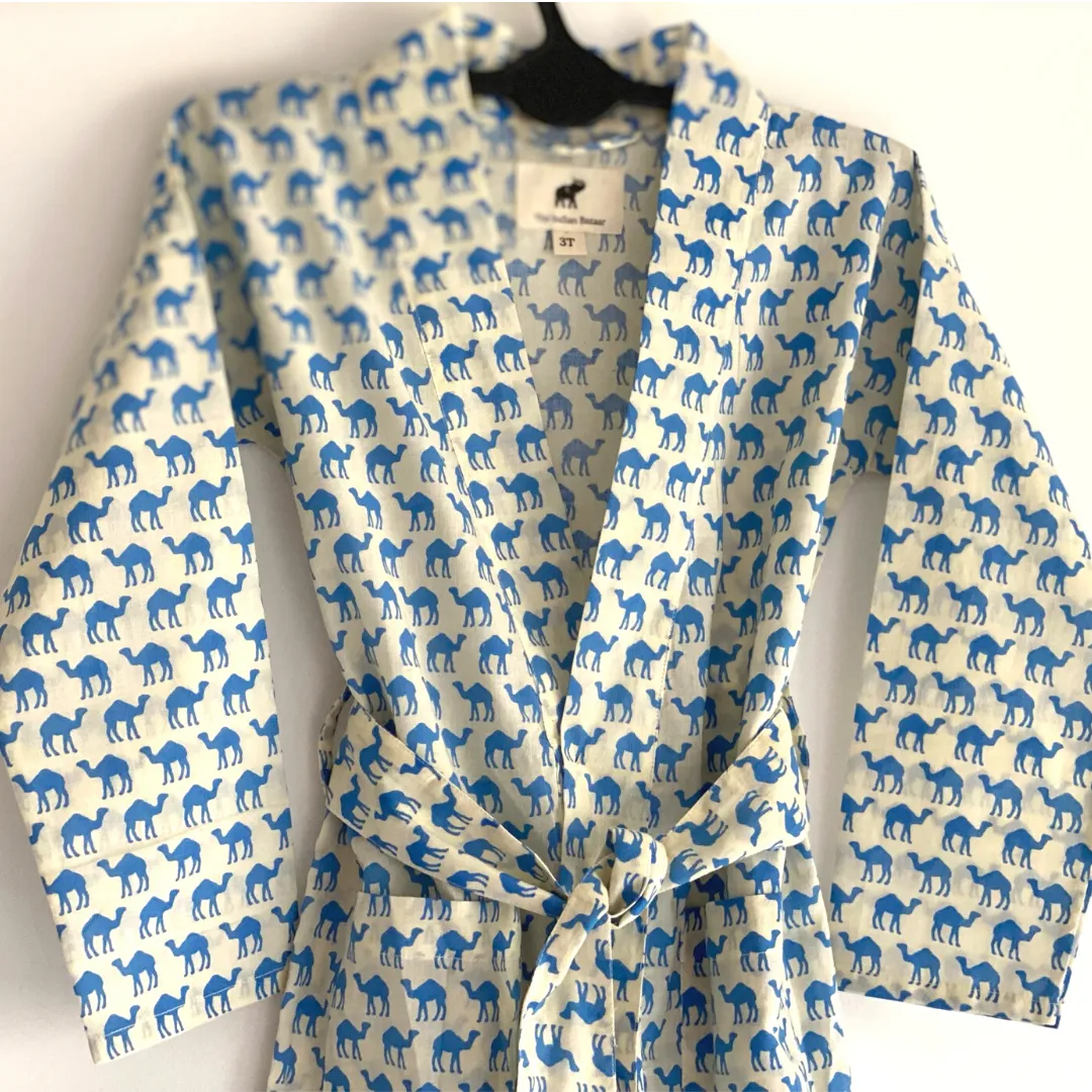 Kids Unisex Robe - Cotton Hand Block Print Fabric - Camel