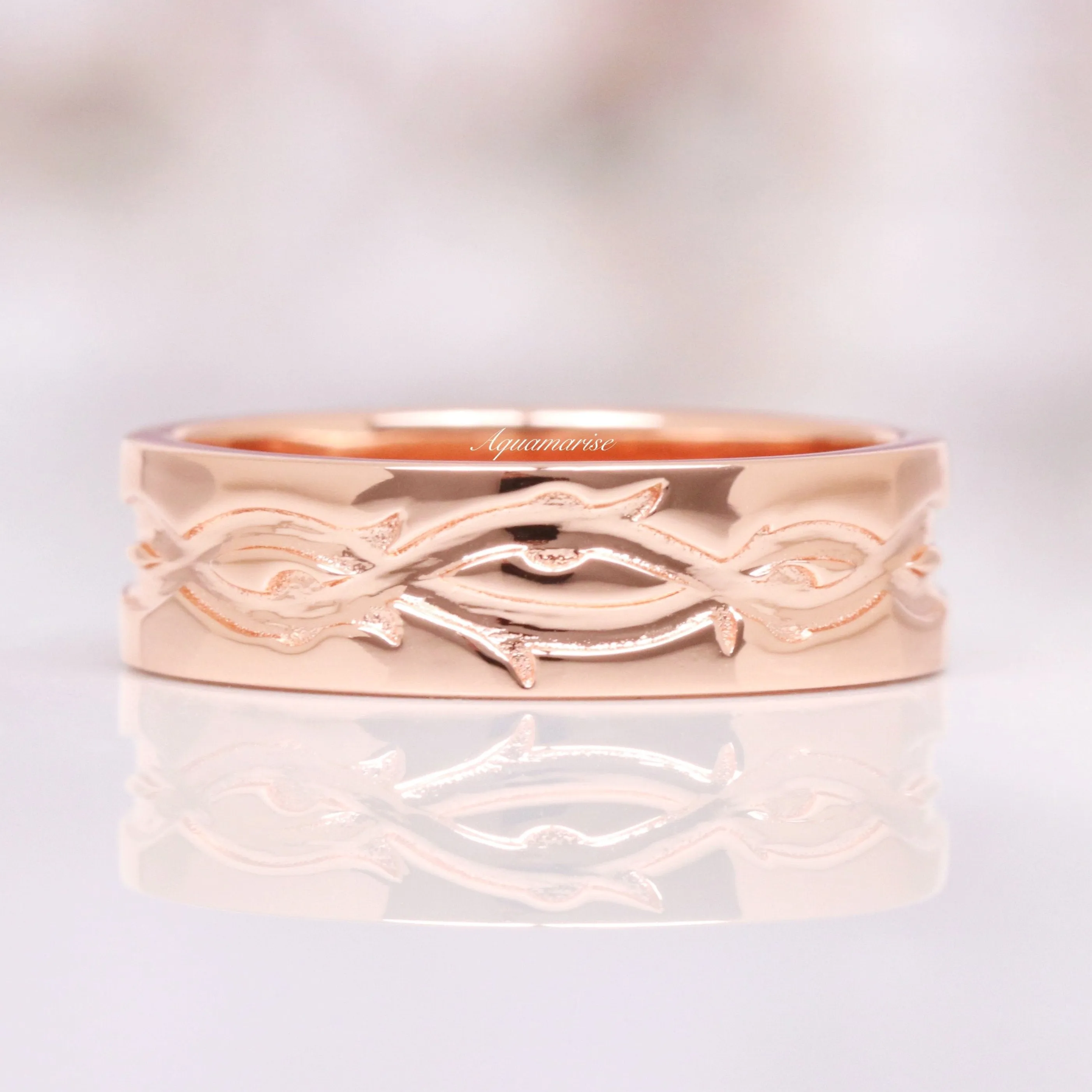 Leaf Wedding Band- 6MM 14K Rose Gold Vermeil