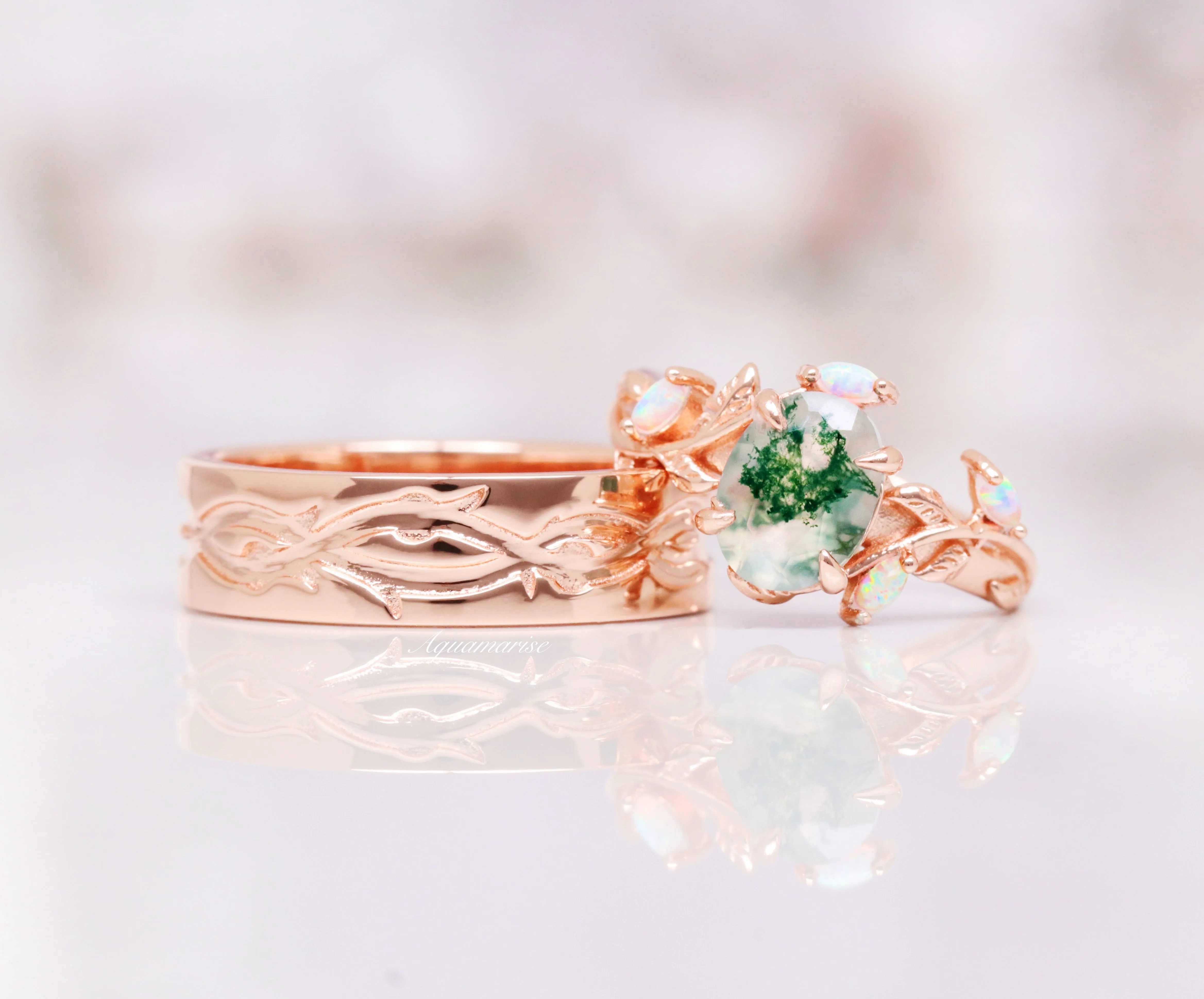 Leaf Wedding Band- 6MM 14K Rose Gold Vermeil