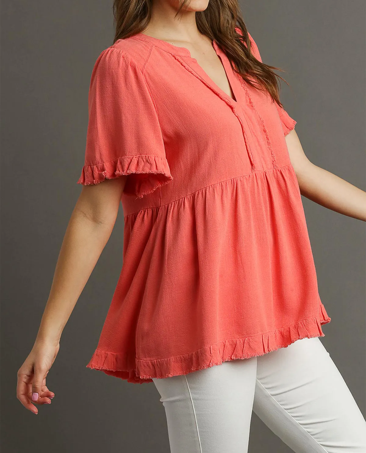 Linen V-Neck Pleated Top