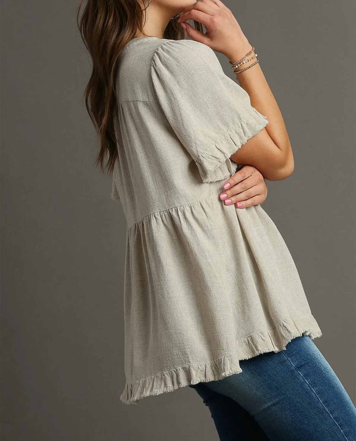 Linen V-Neck Pleated Top