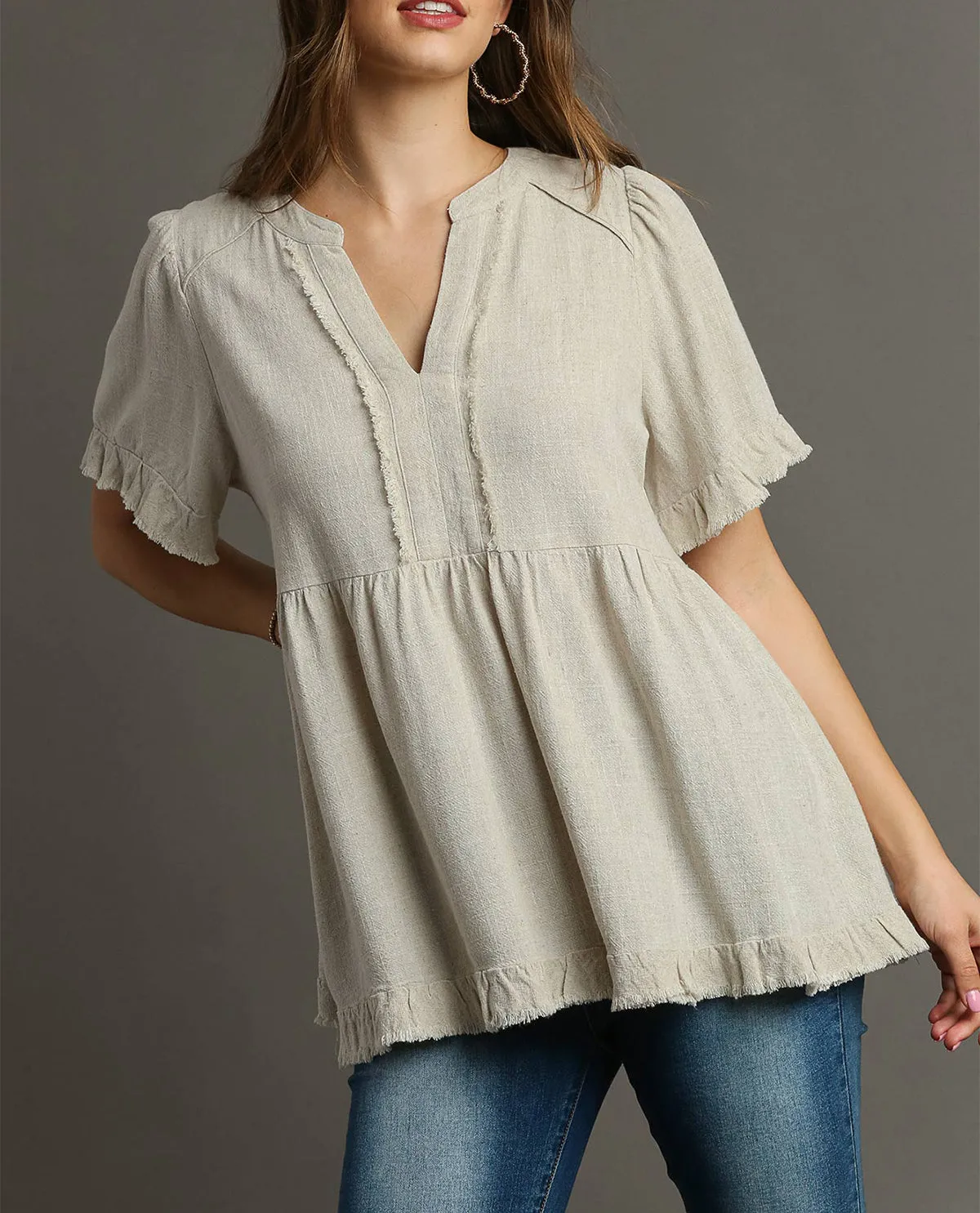 Linen V-Neck Pleated Top