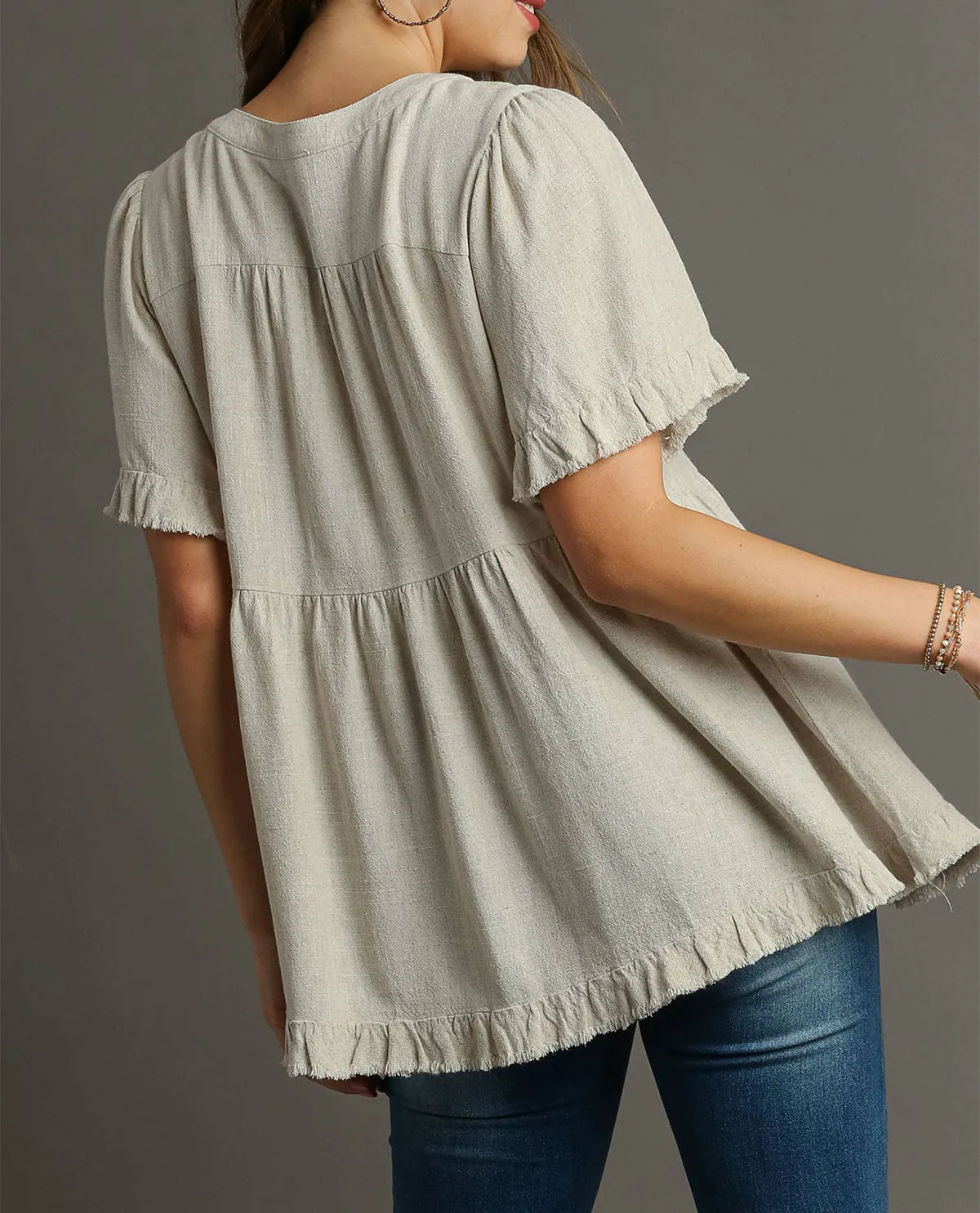 Linen V-Neck Pleated Top