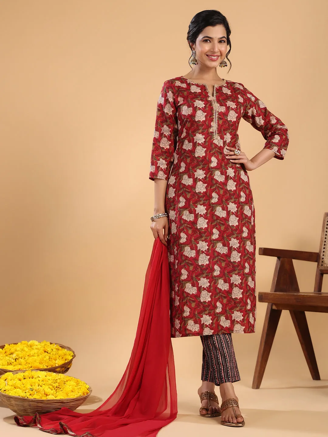 Maroon Cotton Printed Regular Kurta Set