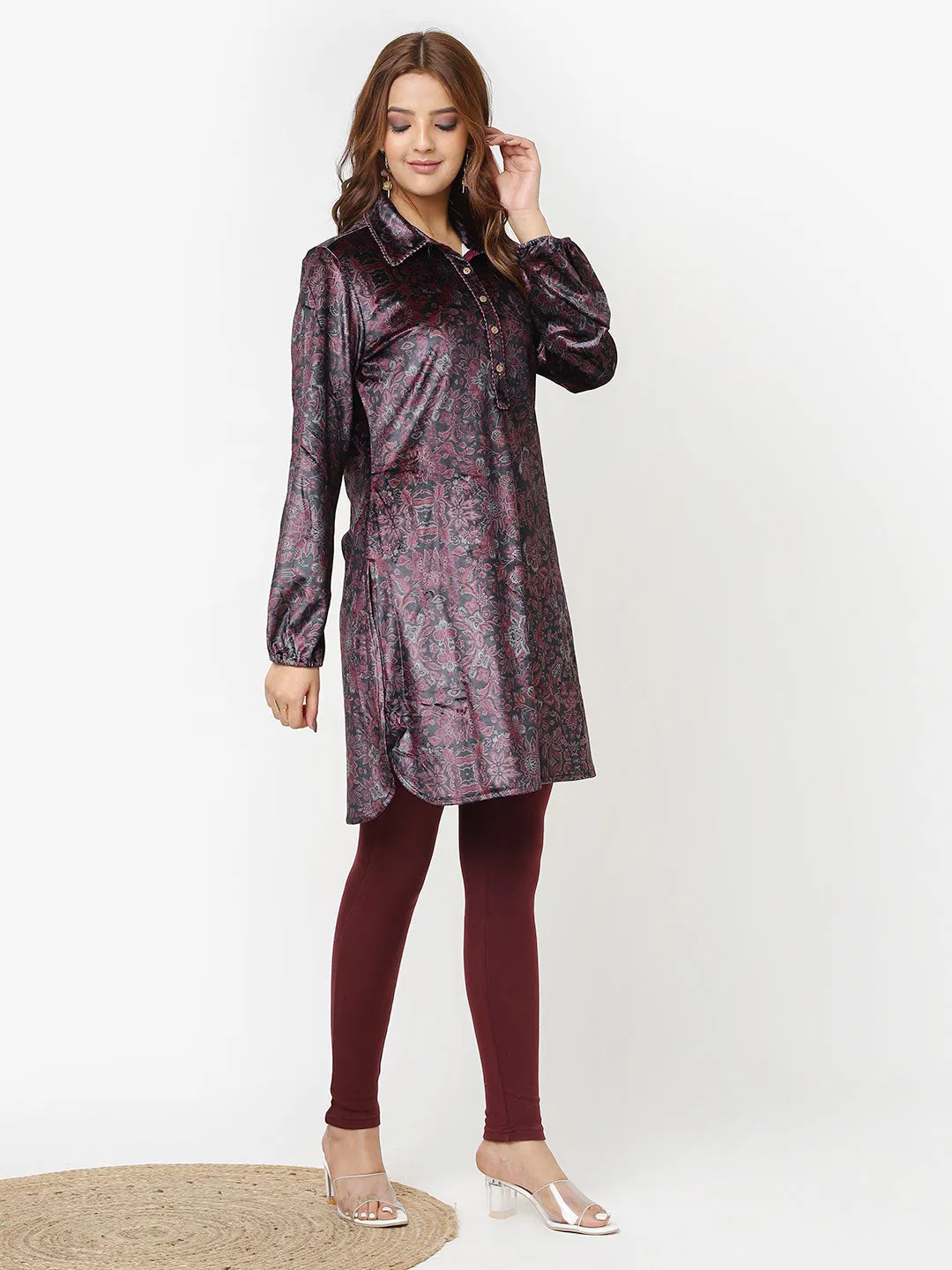 Maroon Printed Velvet Kurti for Women with Classic Collar and Button Detailing