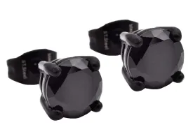 Mens 7mm Black Plated Stainless Steel Stud Earrings With Black Cubic Zirconia