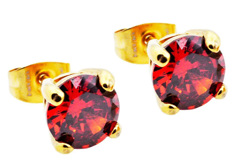 Mens 7mm Gold Stainless Steel Stud Earrings With Red Cubic Zirconia