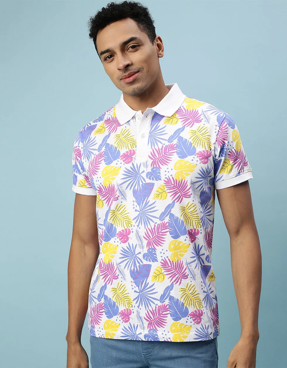 Multicolor All Over Floral Printed Polo T-shirt