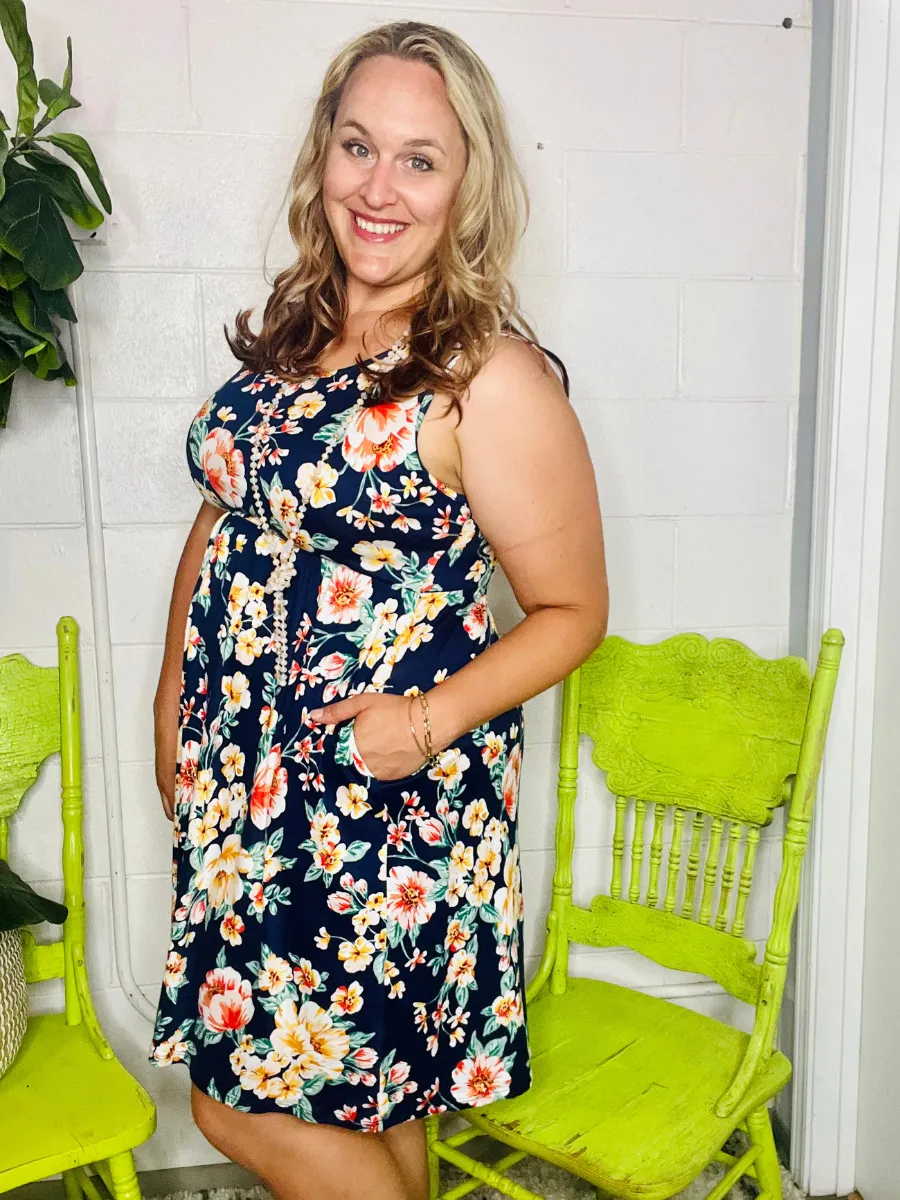 Navy Tropical Kelsey Tank Dress