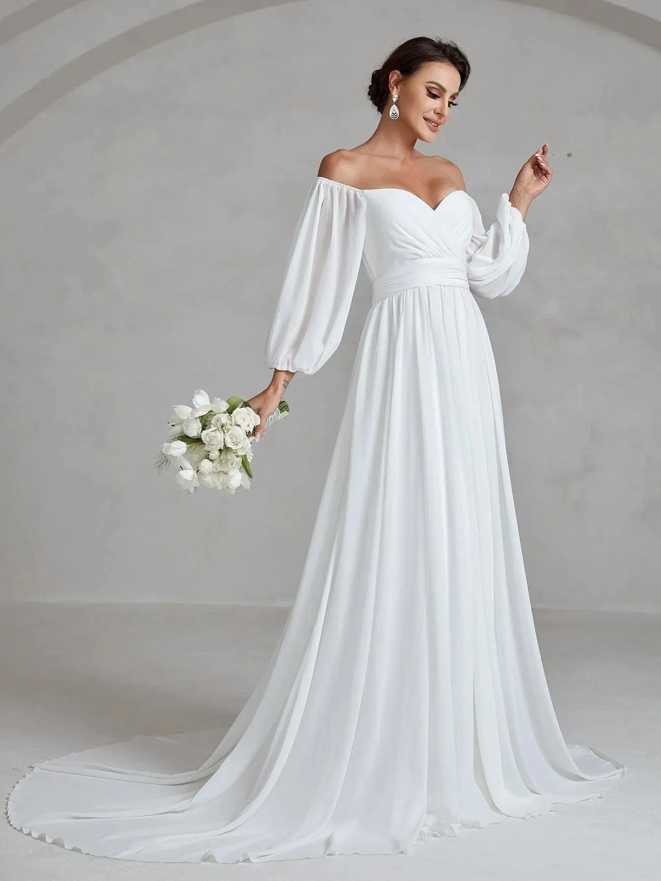 Off Shoulder Lantern Sleeves Chiffon Wedding Dress