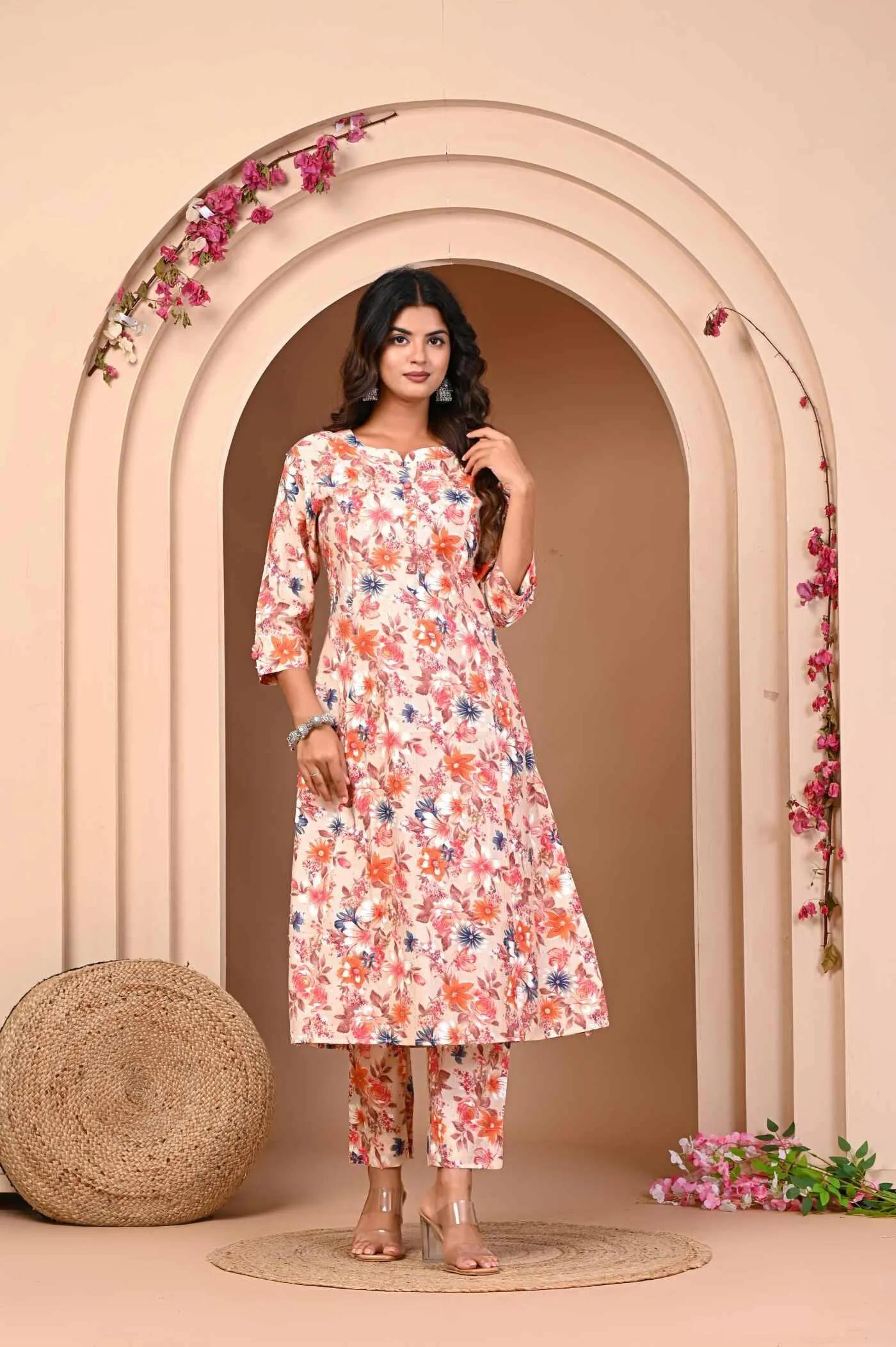 Orange Flower Print Kurta and Pant Set