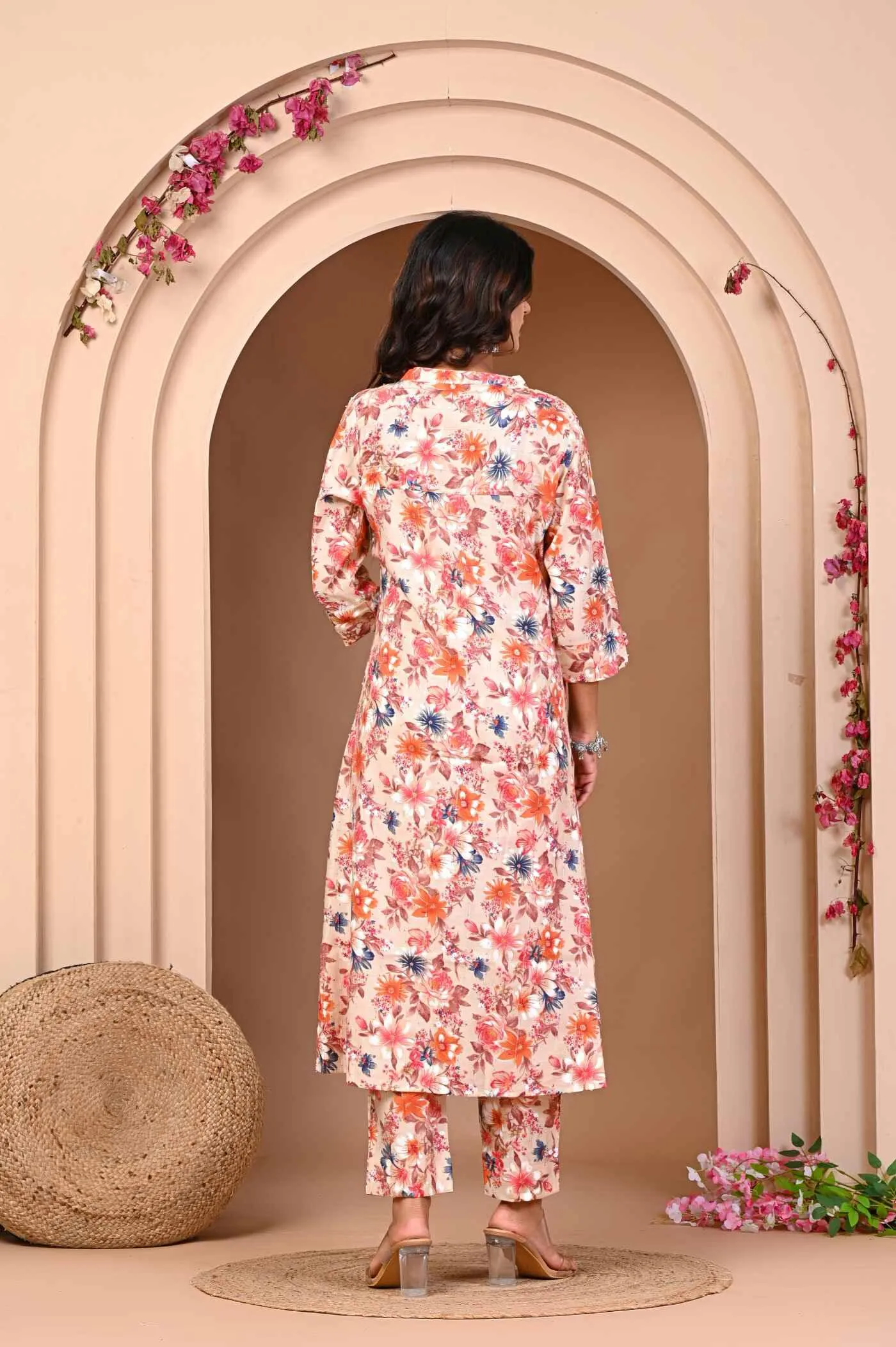 Orange Flower Print Kurta and Pant Set