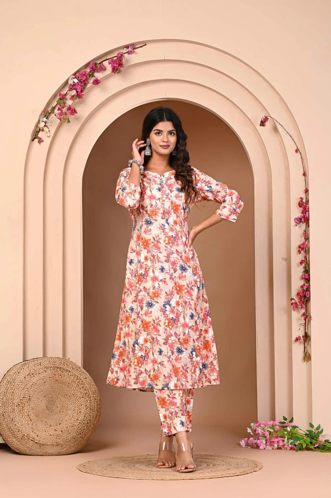 Orange Flower Print Kurta and Pant Set