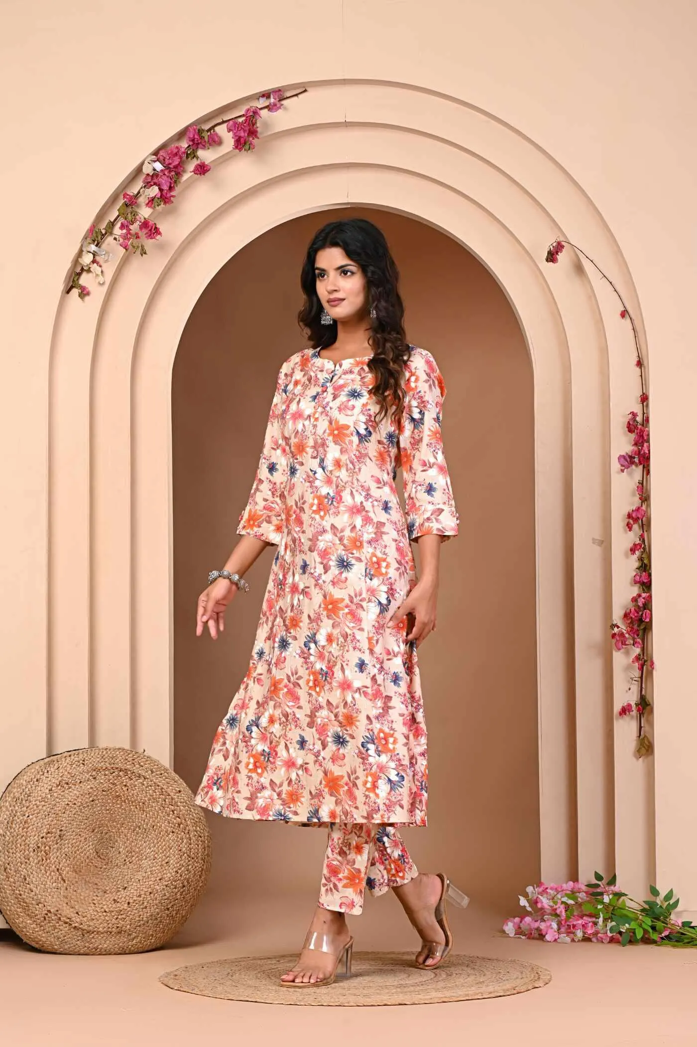 Orange Flower Print Kurta and Pant Set