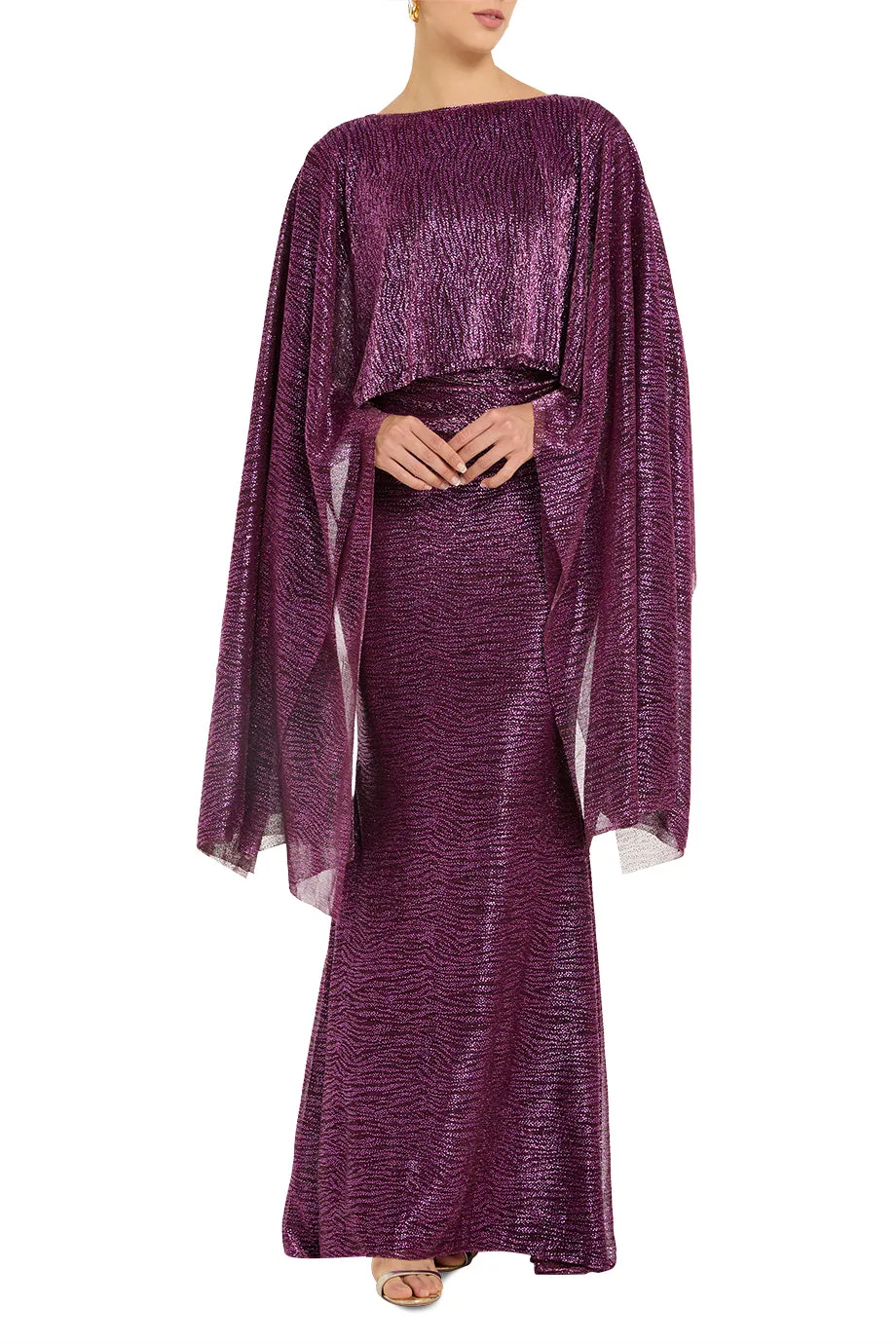 Pinpoint Metallic Voile Cape Evening Gown