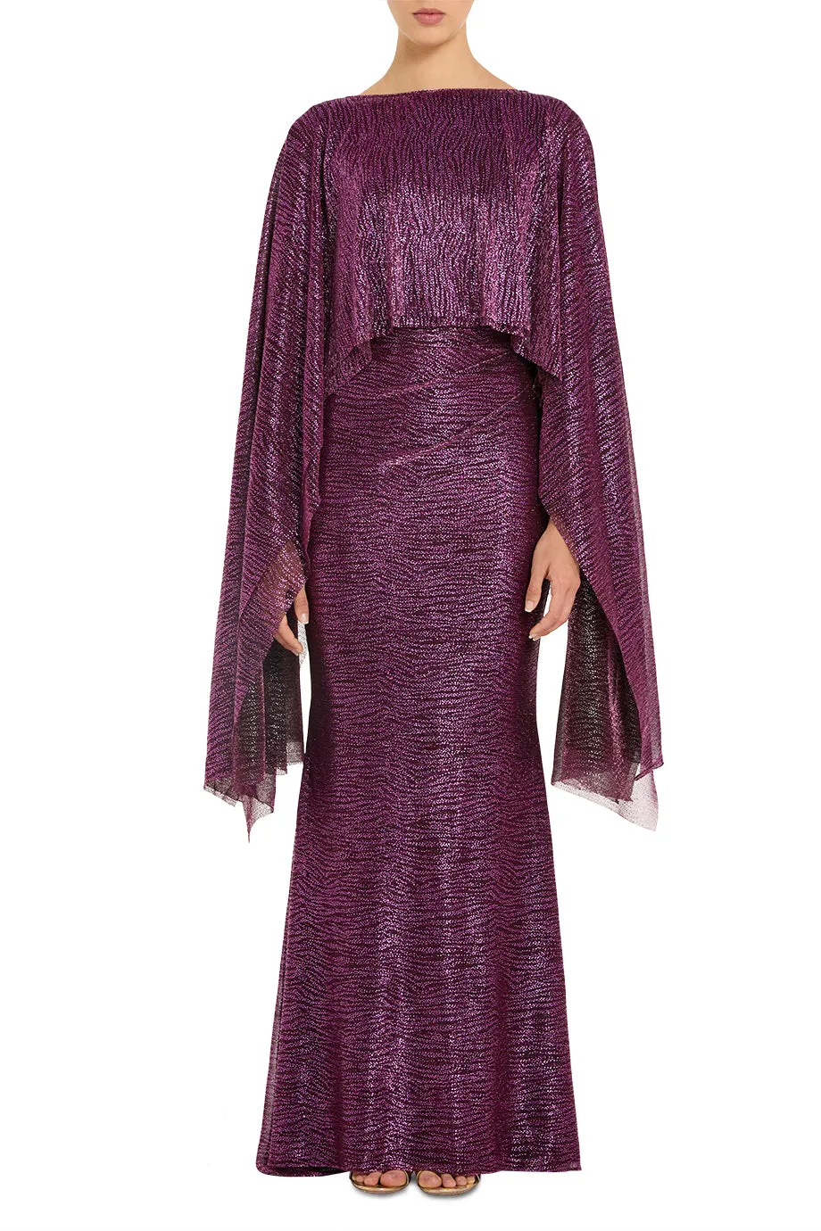 Pinpoint Metallic Voile Cape Evening Gown