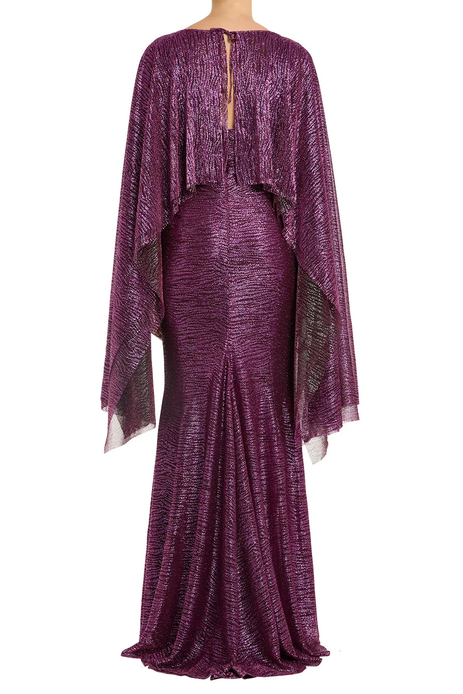 Pinpoint Metallic Voile Cape Evening Gown