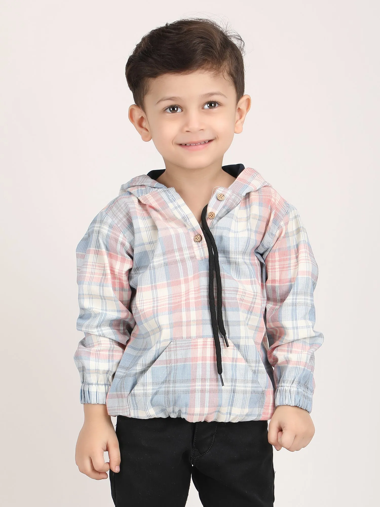 Polka Tots Full Sleeves Checks Printed Hooded Shirt - Blue