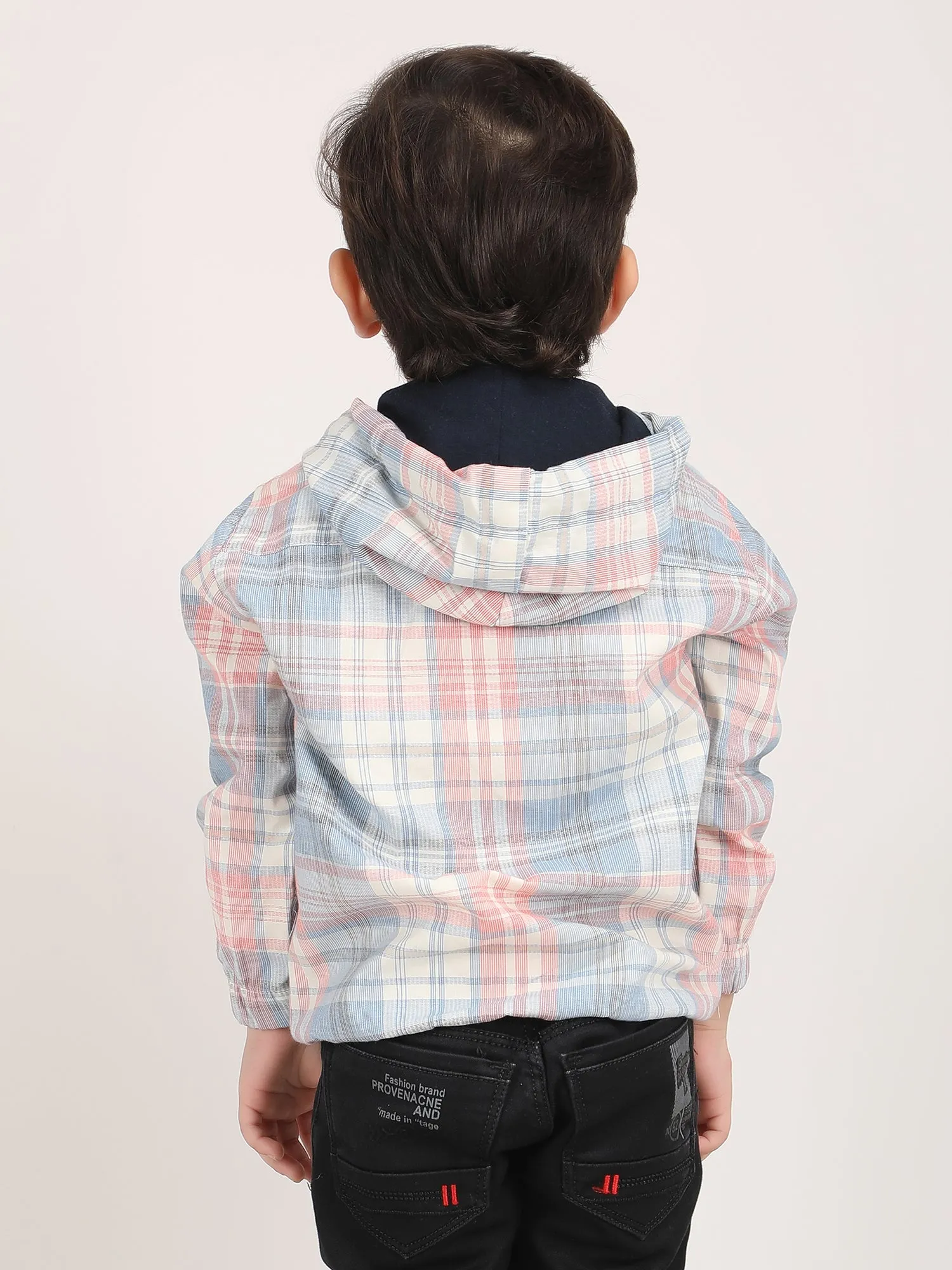 Polka Tots Full Sleeves Checks Printed Hooded Shirt - Blue