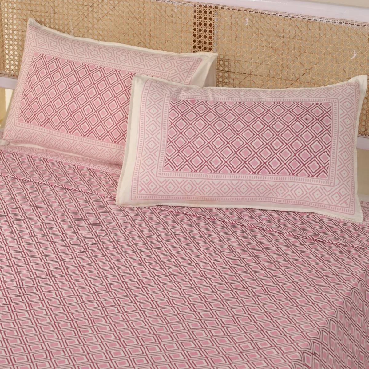 Pure Cotton Double Bedsheet Set With 2 Pillow Covers | Hand Printed In Pink & Beige | Handmade In India