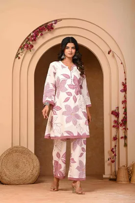 Purple Floral Print Kurta And Pant Set