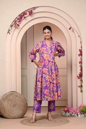 Purple Flower Print Kurti and Pant Set 