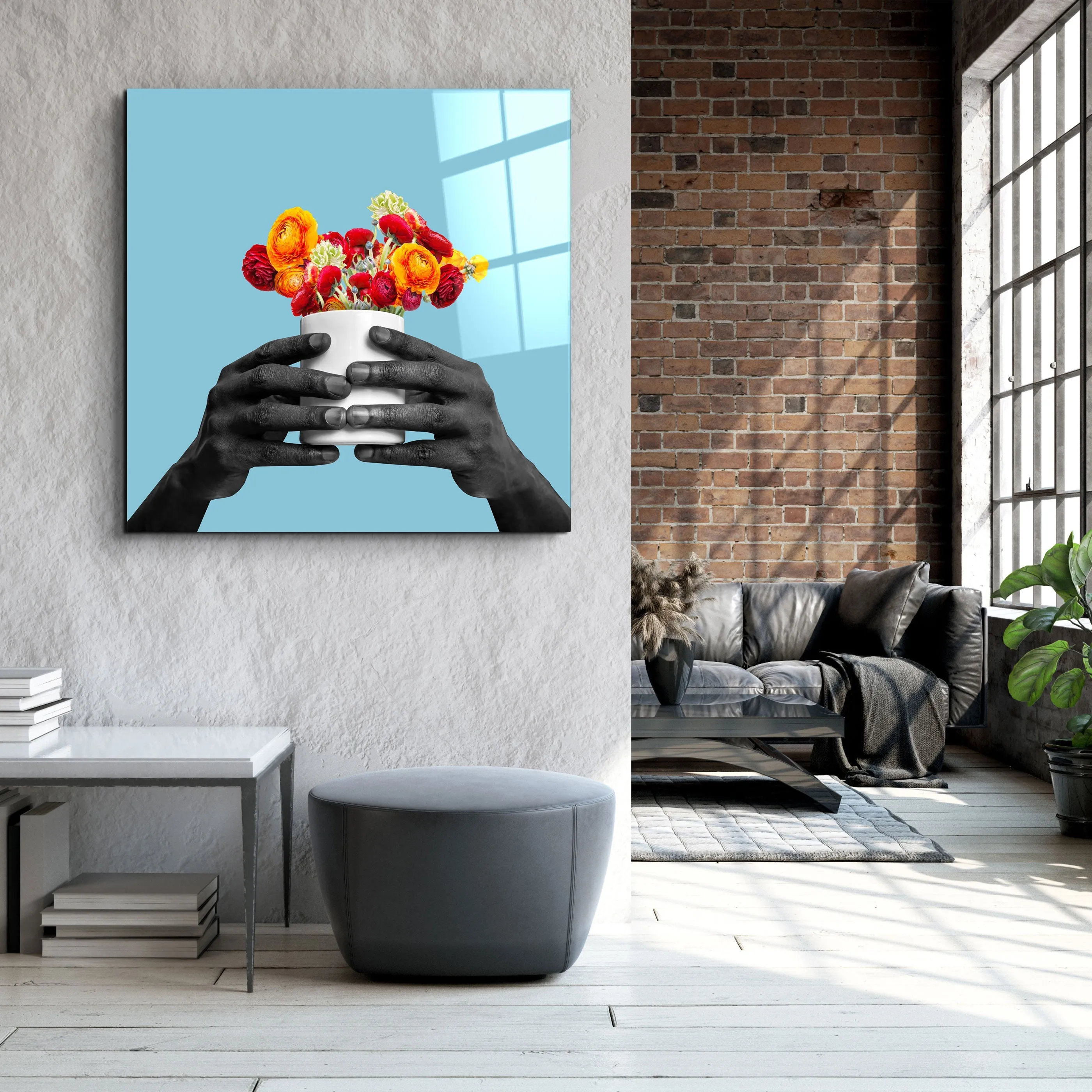 ."Holding the Flower - Blue". Contemporary Collection Glass Wall Art