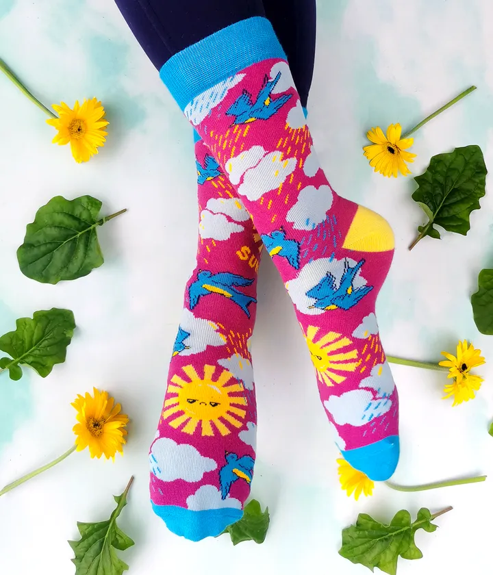 "Ray of Sunshine" Cotton Crew Socks by Uptown Sox - Medium