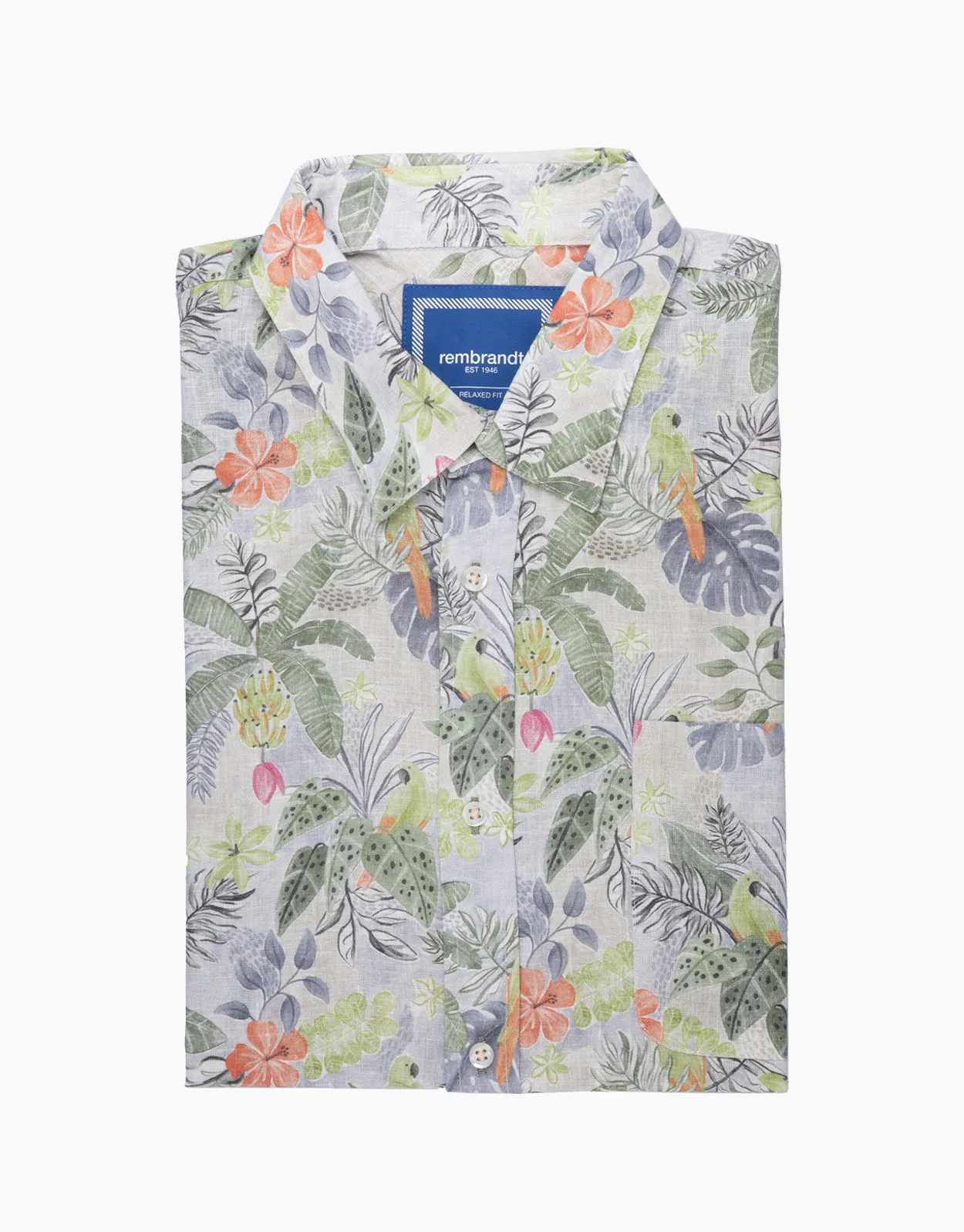 Raglan Linen Blend Tropical Island Print Short Sleeve Shirt