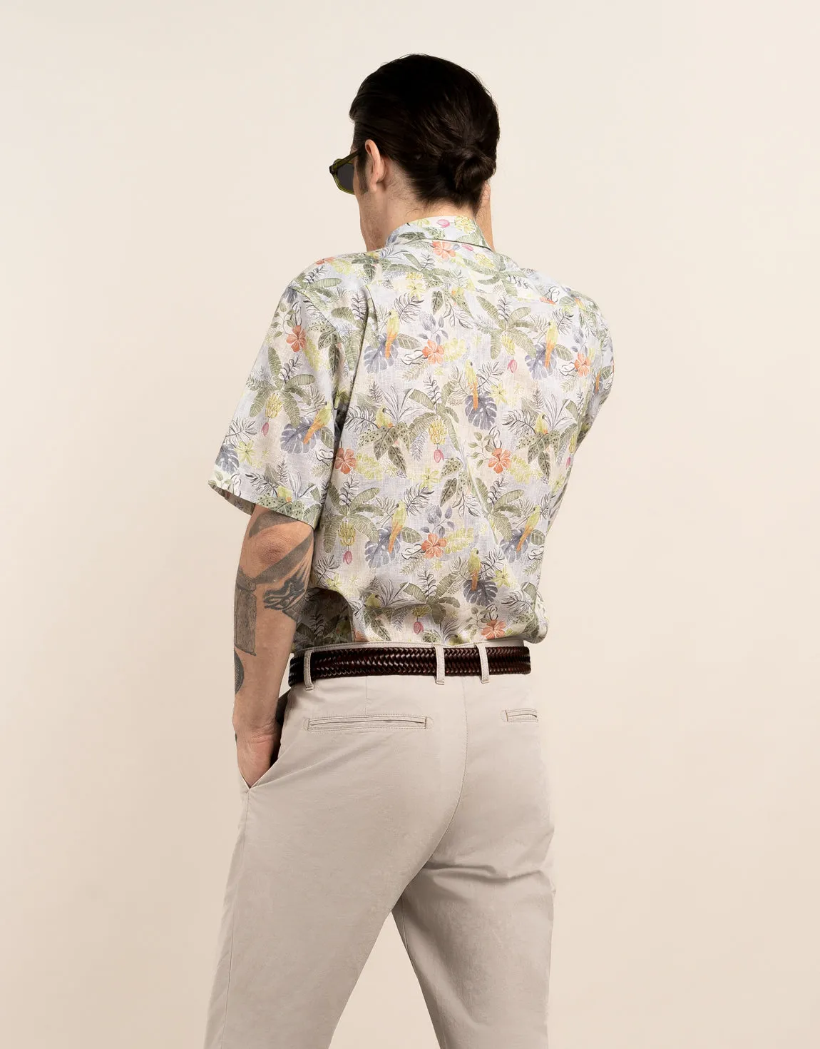 Raglan Linen Blend Tropical Island Print Short Sleeve Shirt