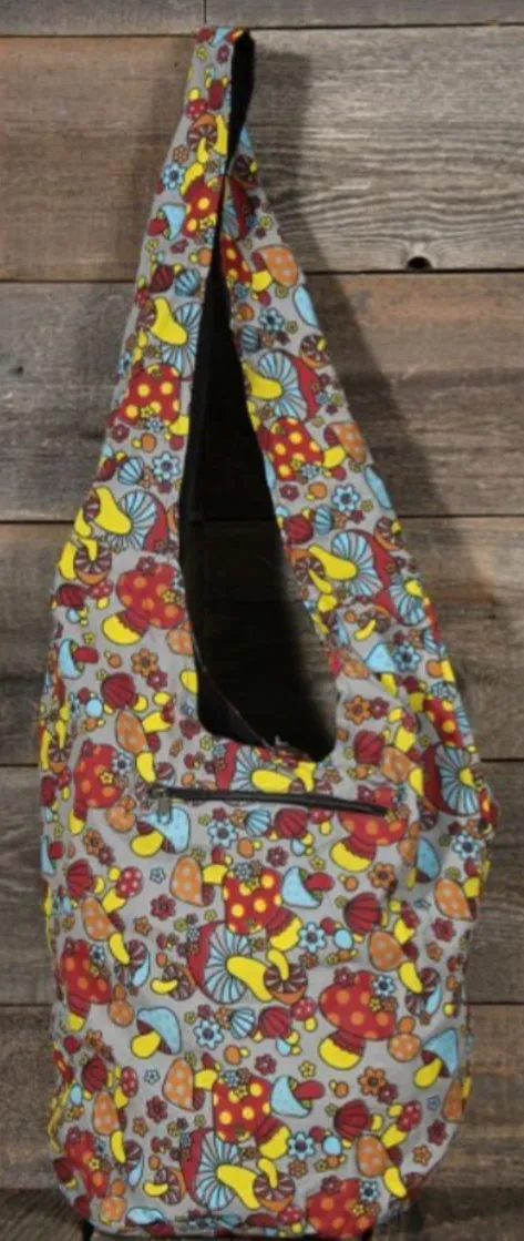 Retro Mushroom Print - Large Sling Bag - Gray Background