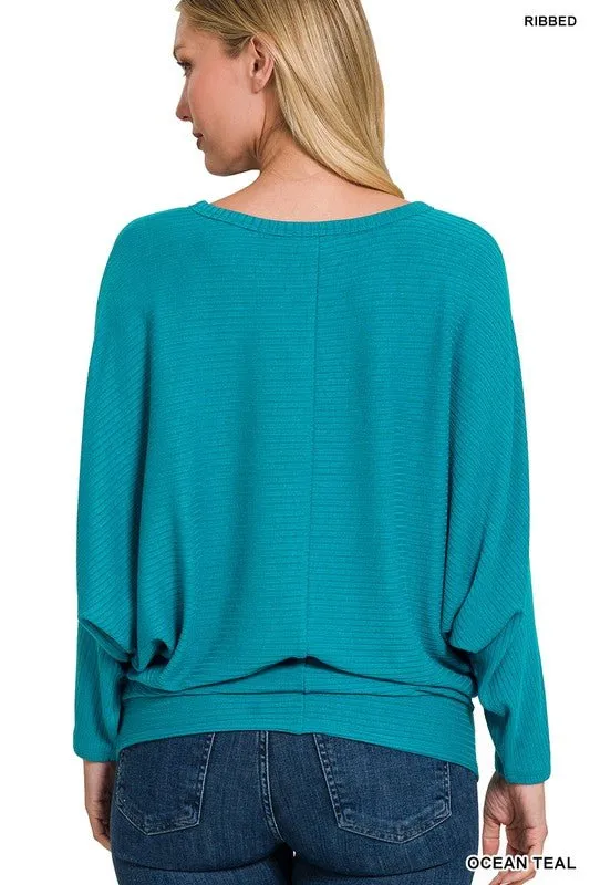 RIBBED BATWING LONG SLEEVE BOAT NECK SWEATER