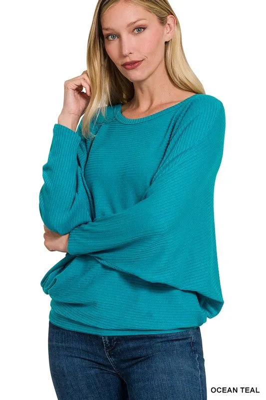 RIBBED BATWING LONG SLEEVE BOAT NECK SWEATER