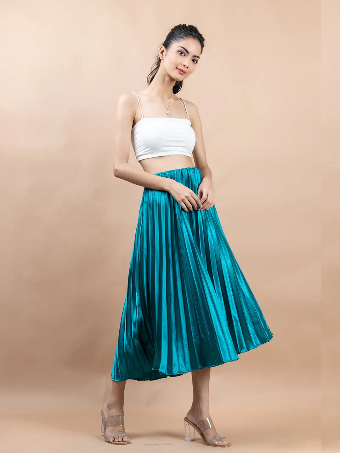 Sea Green Flared Skirt with Accordion Pleats