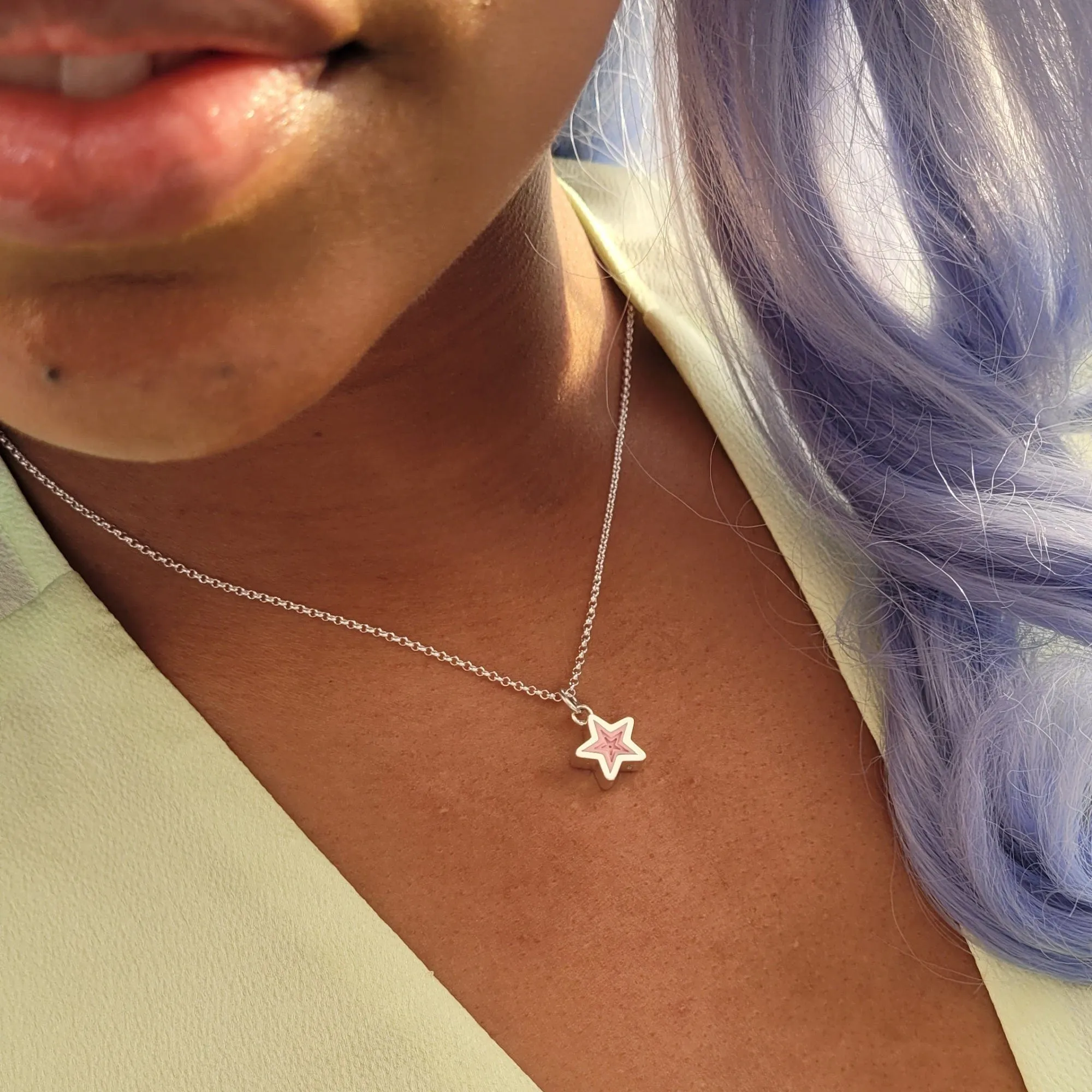 Silver Geometric Pink Star Charm Necklace