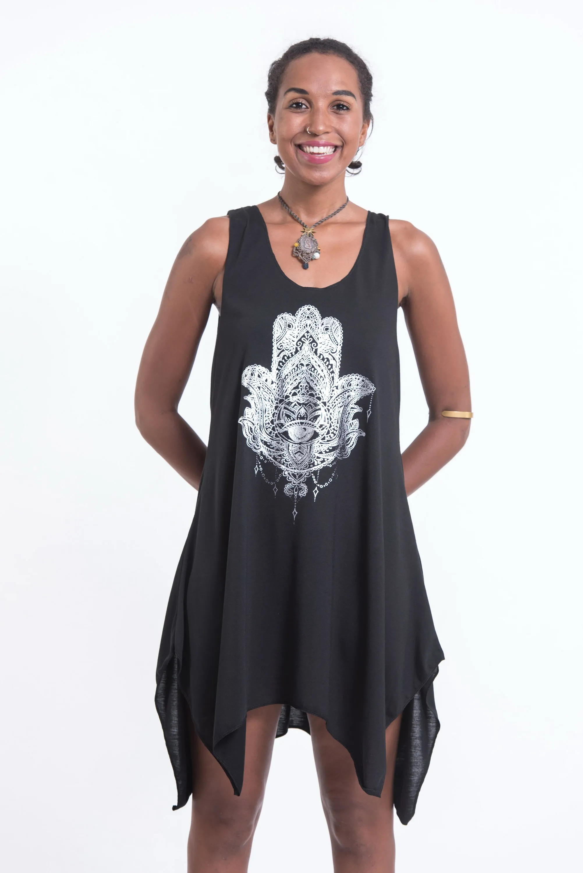 Super Soft Cotton Fatima Hand Tank Dress Silver on Black