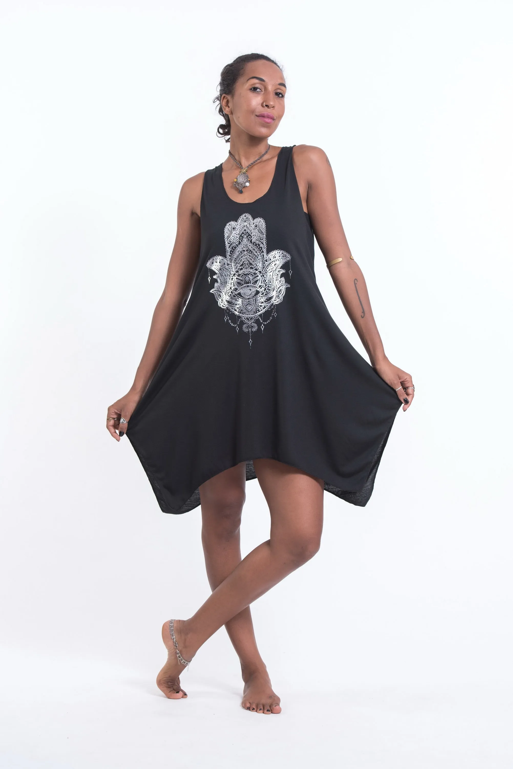 Super Soft Cotton Fatima Hand Tank Dress Silver on Black