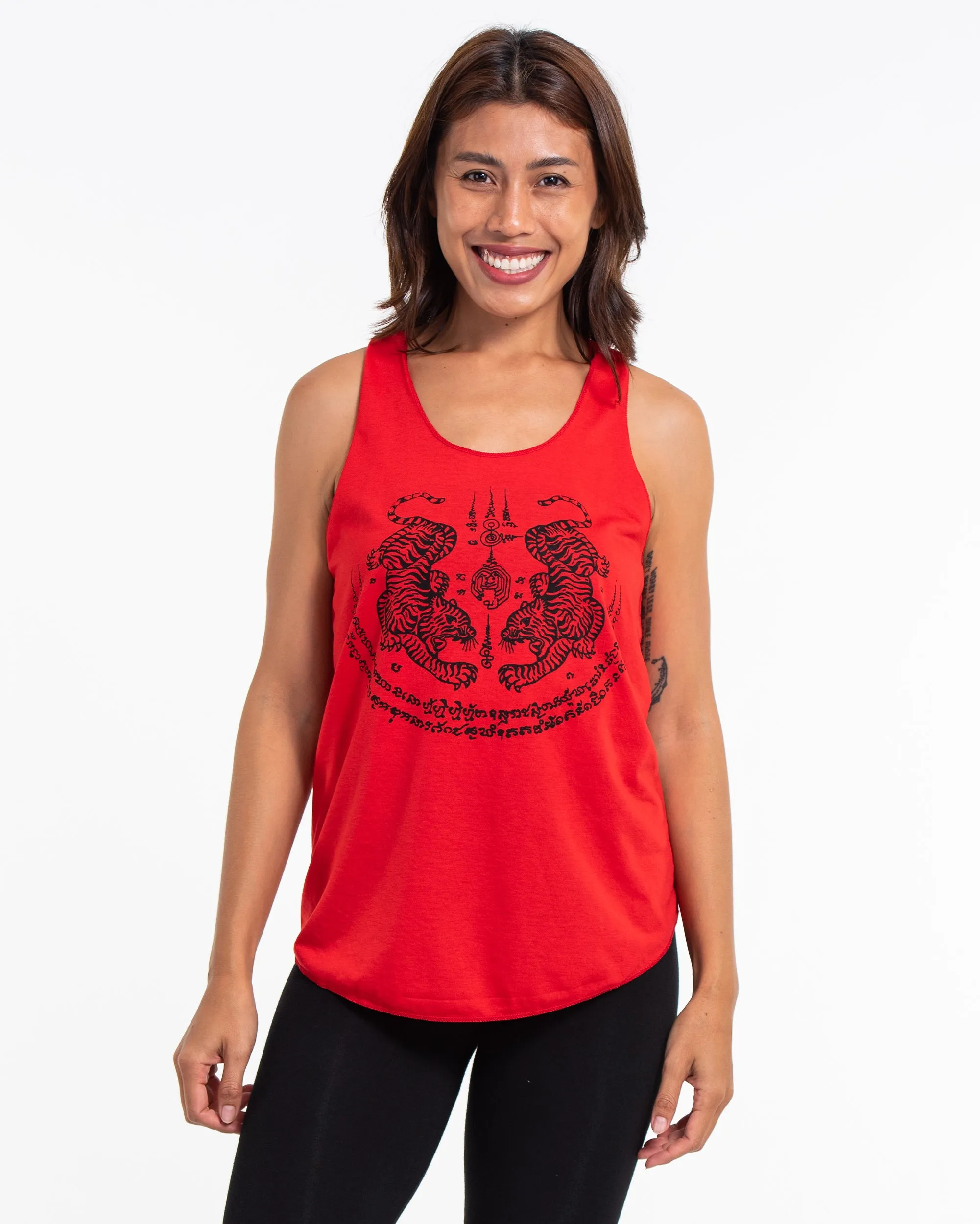 Super Soft Cotton Womens Tiger Tattoo Tank Top in Red